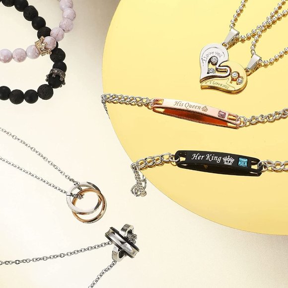 8 Pieces Couples Necklace Bracelet Matching Bracelets Set for Women Men,… - Picture 3 of 8